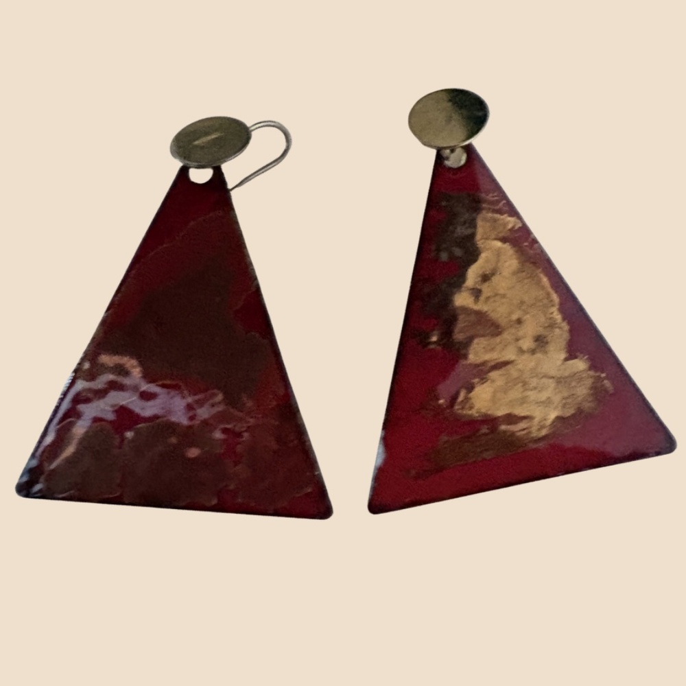 Red Enamel Triangle Statement Dangle Earrings Gol… - image 1
